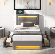 Letto imbottito grigio 90 x 190 cm con LED, USB e 4 cassetti