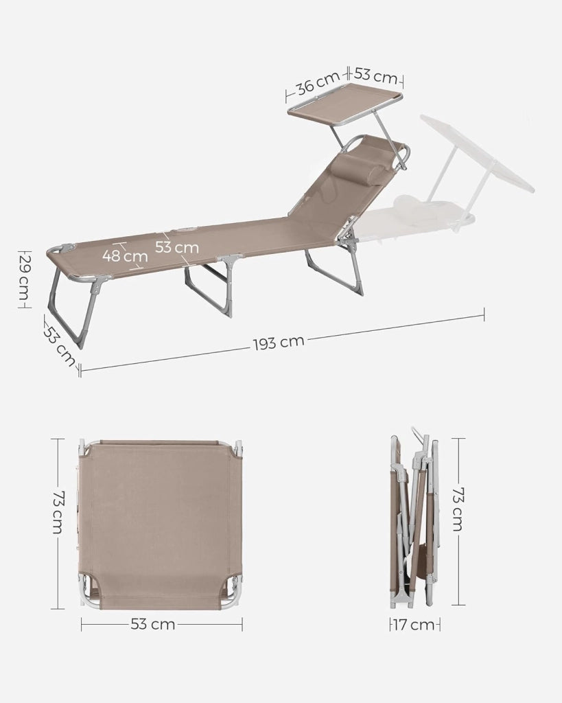 SONGMICS Lettini Prendisole, Set di 2 Sedie a Sdraio Pieghevole, 193 x 53 x 29 cm, Portata 150 kg, Poggiatesta Parasole Schienale Reclinabile, per Terrazzo Piscina Giardino, Tortora GCB192K02