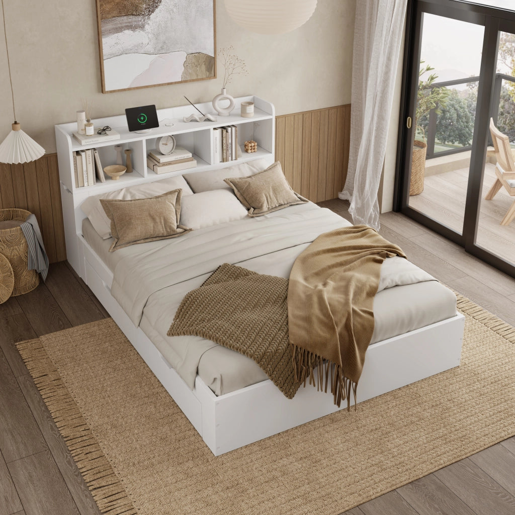 Letto Matrimoniale in Legno con Testiera, Cassetti e Comodini ¨C MINIMAL ¨C Bianco 140x200