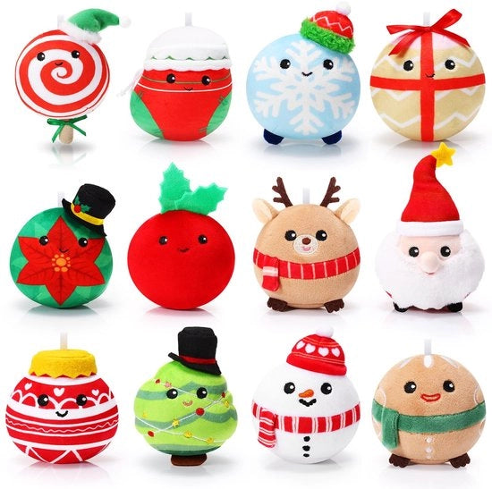 Decorazioni di Natale 12 pezzi - Set di giocattoli in peluche - Babbo Natale/Elfo - Peperino/Bosco di Natale - Palla di neve/Fiamma di neve - Sicuro e Sostenibile - Decorazione di Natale