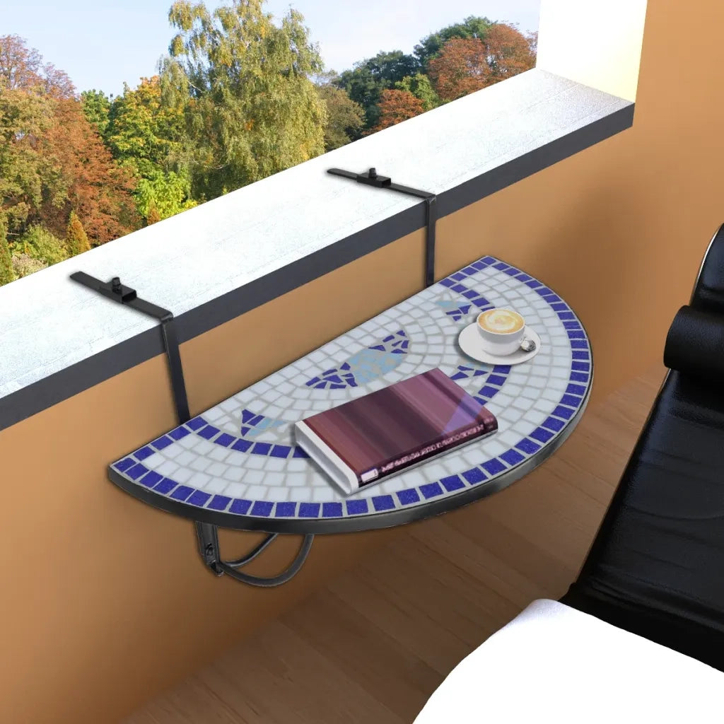 Tavolino da Giardino | Tavolo Sospeso da Balcone Blu e Bianco con Mosaico