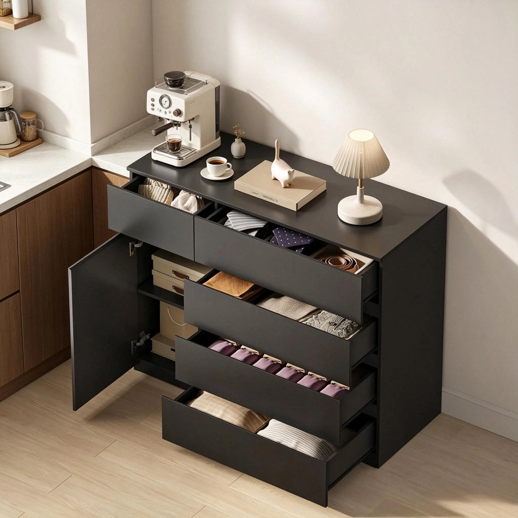 Cassettiera con 5 cassetti e 1 anta, ripiano regolabile e maniglie integrate, per camera e ingresso, 100×40×80 cm