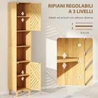 Mobile Colonna Bagno con 2 Armadietti e 2 Ripiani con Scaffale Regolabile, in Bambù e Truciolato, 32x30x170 cm