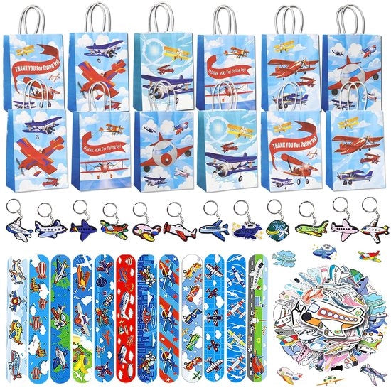 Set di Festa Aereo 86 pezzi - Decorazione di Compleanno Aereo - Borse di Regalo - Cinture di Soggiorno - Tatuaggi Temporanei - Stickers - Articoli di Festa Aereo