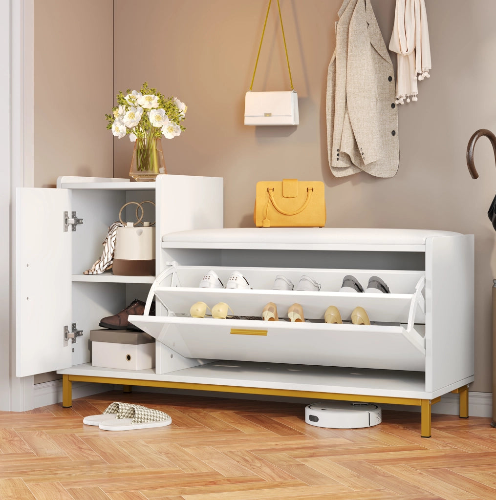 Panca scarpiera 100x38x68 cm con seduta imbottita e ante a ribalta in truciolato e metallo bianco e oro