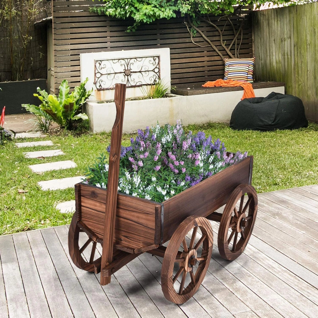 Carrello da giardino in legno di abete con 4 ruote grandi, manico regolabile, ideale per giardinaggio esterno, 120 x 43 x 54 cm, marrone