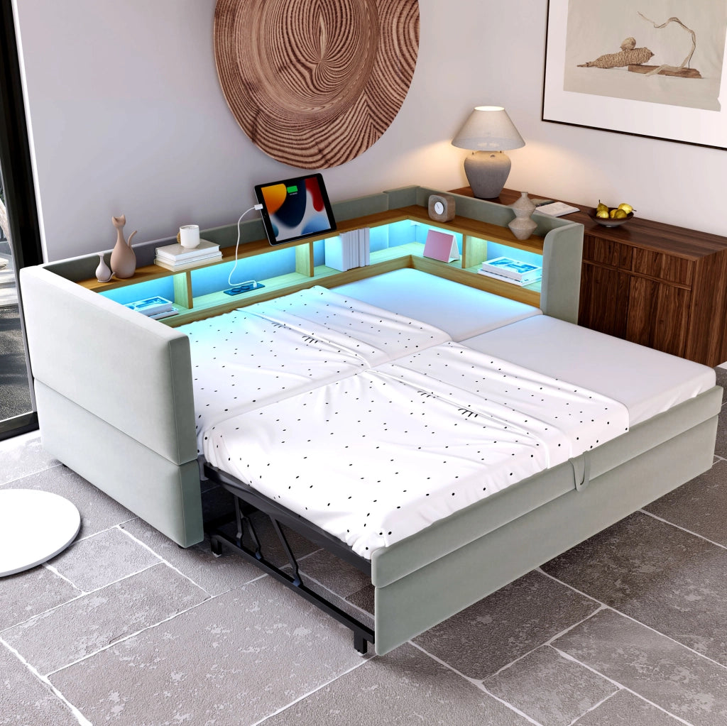 Divano letto imbottito 90/180 x 190 cm grigio chiaro con LED, prese e vani