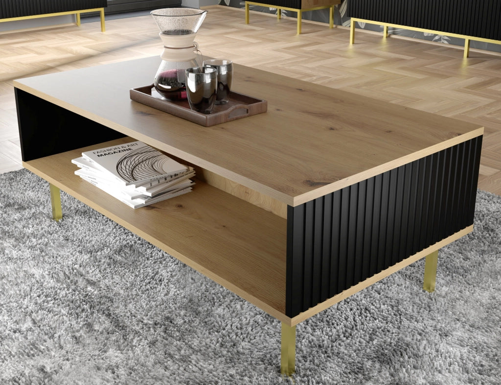 TAVOLINO DA CAFFÈ RAVENNA B IN MDF RIVESTITO IN FOGLIO 90x60x45 ROVERE ARTIGIANALE NERO OPACO GAMBE NERE