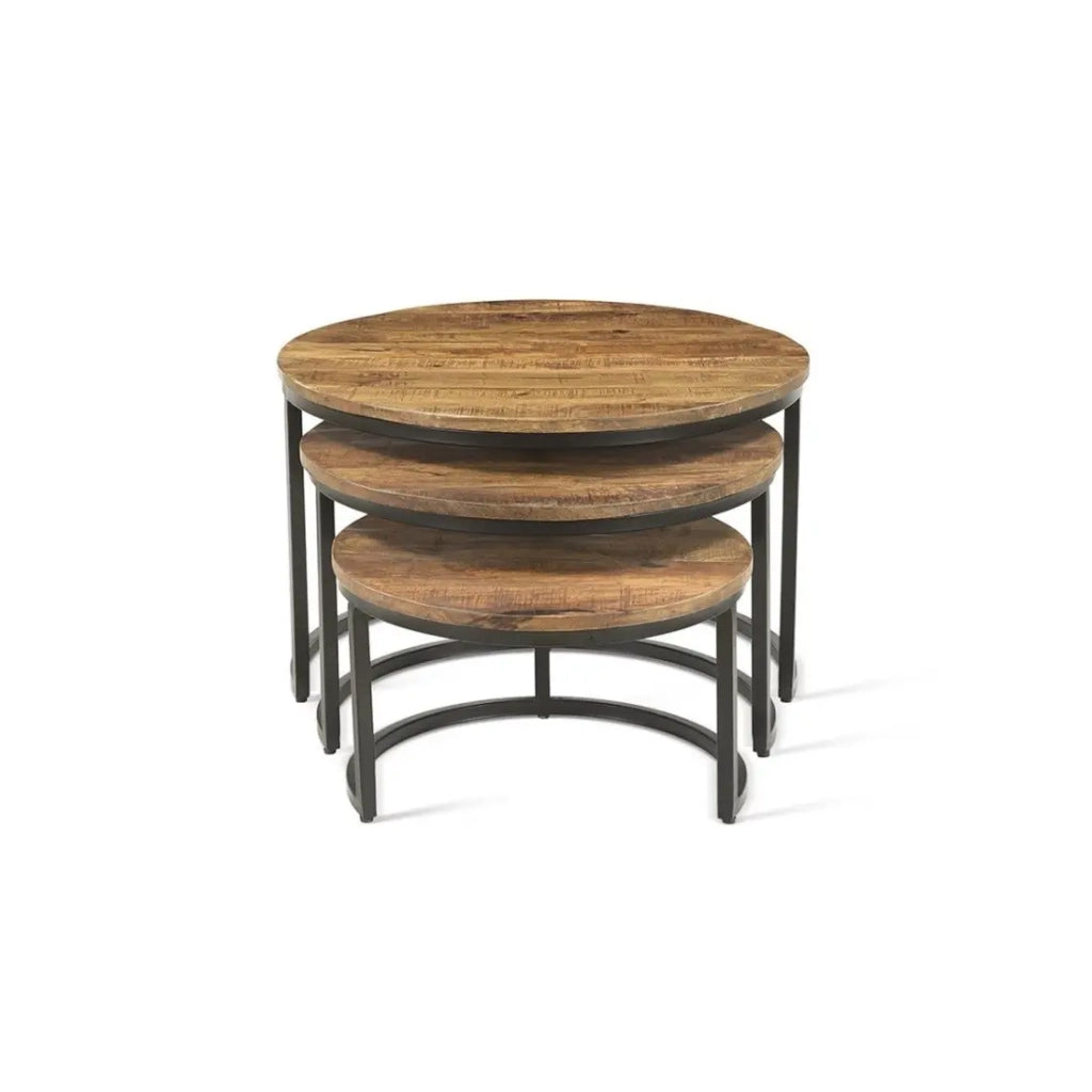 Table bassa ARNOLD – Set di 3 tavolini nidificati rotondi – Marrone legno e metallo – Stile contemporaneo