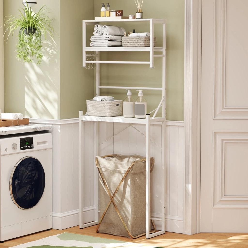 Scaffale sopra il wc organizzatore bagno con 3 ripiani e portasciugamani, Scaffale sopra il wc ganci e barra regolabile Bianco-Armadietti da bagno