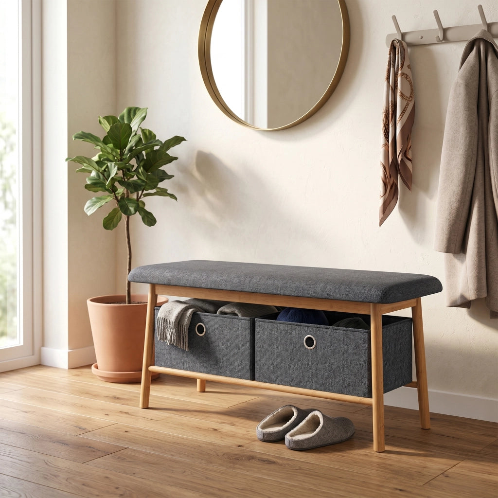 Panca da Scarpe Vad con Seduta Imbottita e 2 Contenitori in Tessuto 90 x 30 x 45 cm - Bambù Naturale / Grigio
