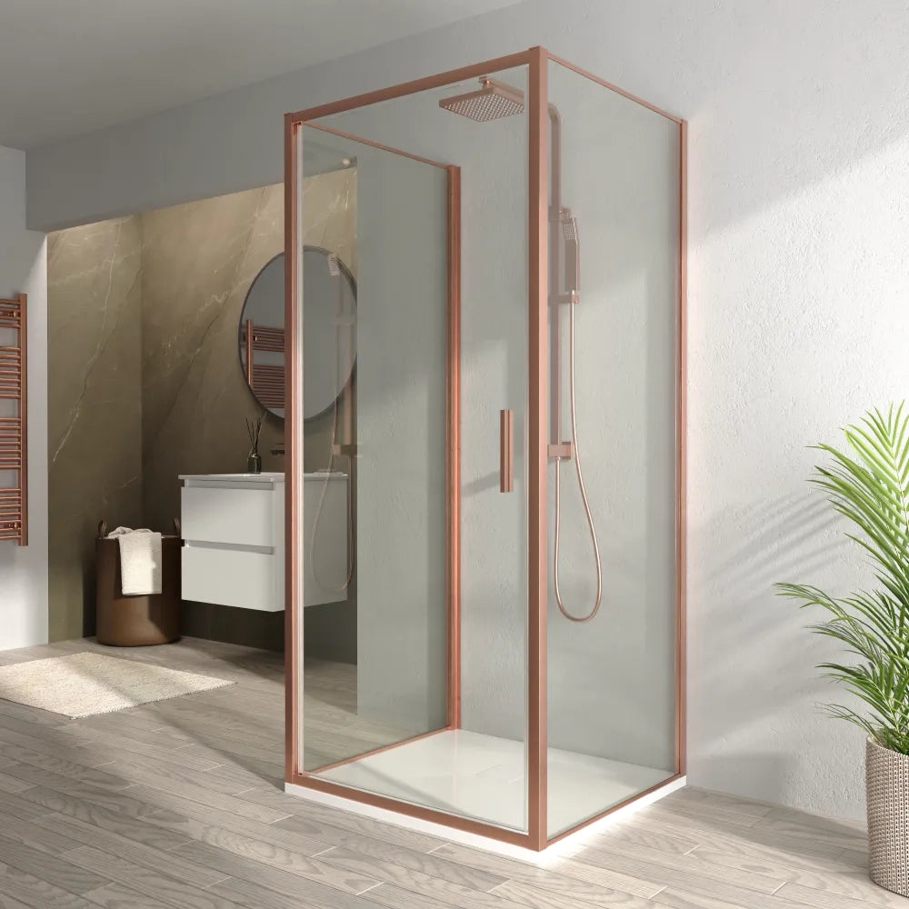 Box doccia 3 lati 80x80x80cm con porta a battente profili rame spazzolato vetro 6mm trasparente anticalcare h190| Portofino