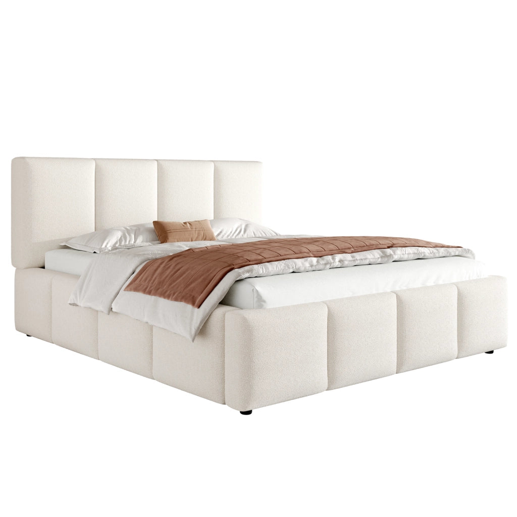 Letto matrimoniale imbottito in bouclé 180x200 cm beige con rete a doghe