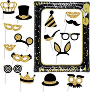 Kit di Foto Booth per Feste di Compleanno - Set da 17 pezzi in Oro e Nero - Accessori Inflabili per Decorazioni di Festa e Selfie