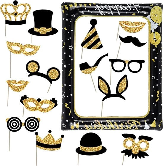 Kit di Foto Booth per Feste di Compleanno - Set da 17 pezzi in Oro e Nero - Accessori Inflabili per Decorazioni di Festa e Selfie