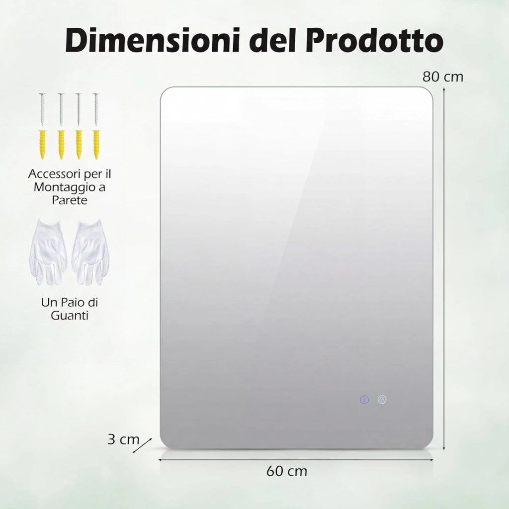 Specchio da Bagno Rettangolare con LED, Specchio da Parete con Luminosità Regolabile, Retroilluminato, Touch Intelligente, Vetro Temperato con Memoria e Anti-Appannamento (80 x 60 x 3 cm)