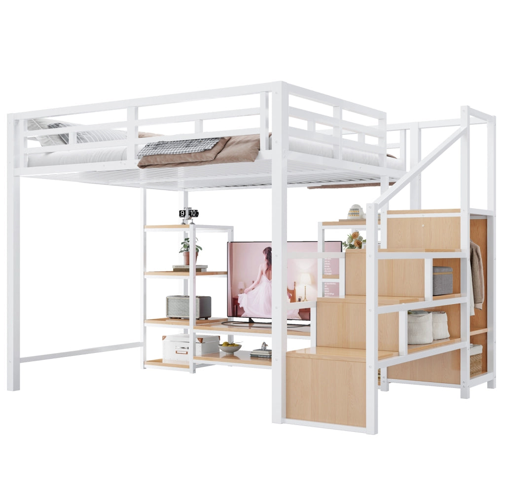 Letto a soppalco 140x200 cm bianco con supporto TV e presa