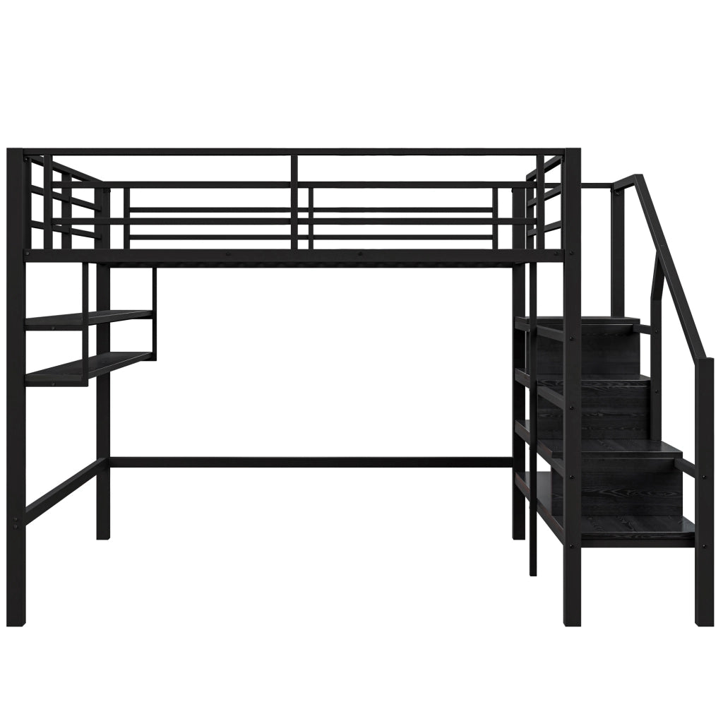 Letto a soppalco 140x200 cm; con ripiani e scala contenitore; metallo nero (Senza materasso)