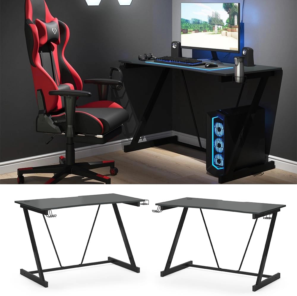 Tavolo da gioco Hudson, Antracite, 120 x 60 cm, con gestione dei cavi e supporto laterale