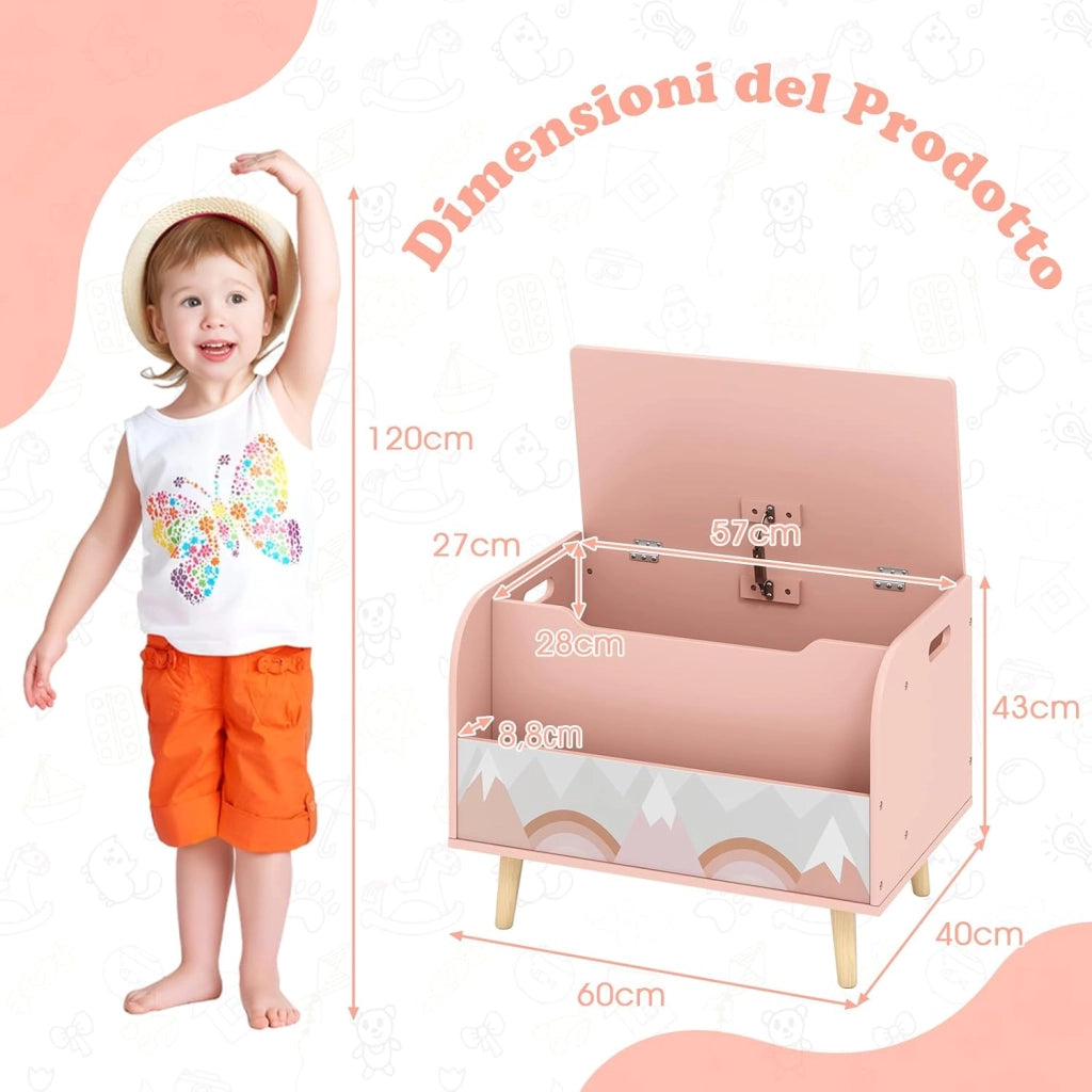 Cassapanca Portaoggetti per Bambini, con Libreria, Organizer per Giocattoli con 4 Gambe in Legno Massello e Coperchio Ribaltabile, per Sala Giochi e Asilo, 60x40x43 cm (Rosa)
