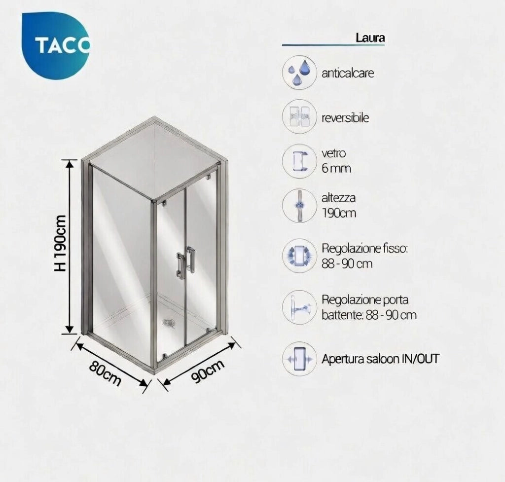Box Doccia 2 lati 80x90 cm fisso + due battenti h190cm LAURA - Cromato Lucido