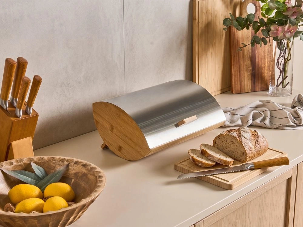 Portapane in bambù argento 36 x 25 x 16 cm decorativo con coperchio in metallo Cucina scandinava moderna