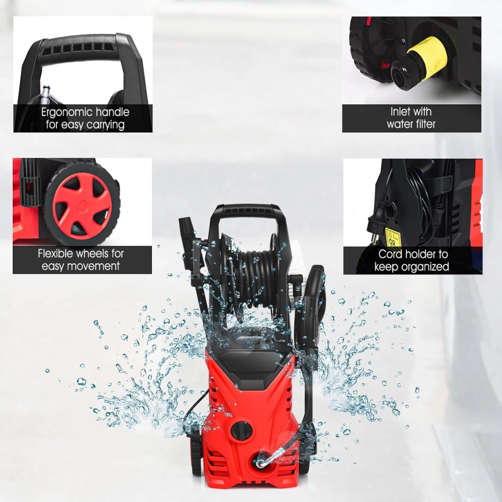 Pulitore ad alta pressione 1500 W, pulitore elettrico 140 bar, 5 l/min, con ugelli, raccordo ingresso acqua, vasetto da bucato, spazzola cavo elettrico 5 m, per auto, terrazza, parete (rosso+