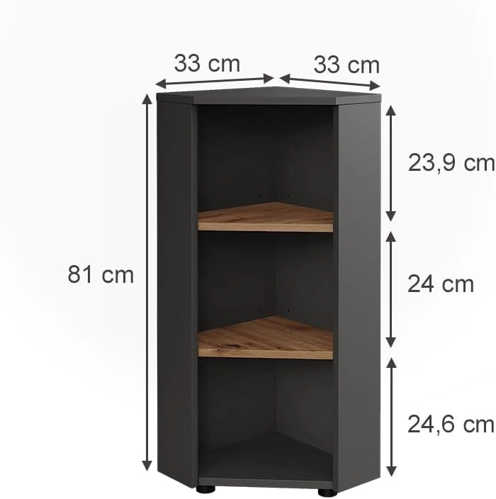 Mobiletto angolare Irma, Antracite/Artisan, 33 x 81 cm 3 vani portaoggetti, per una conservazione salvaspazio negli angoli della stanza