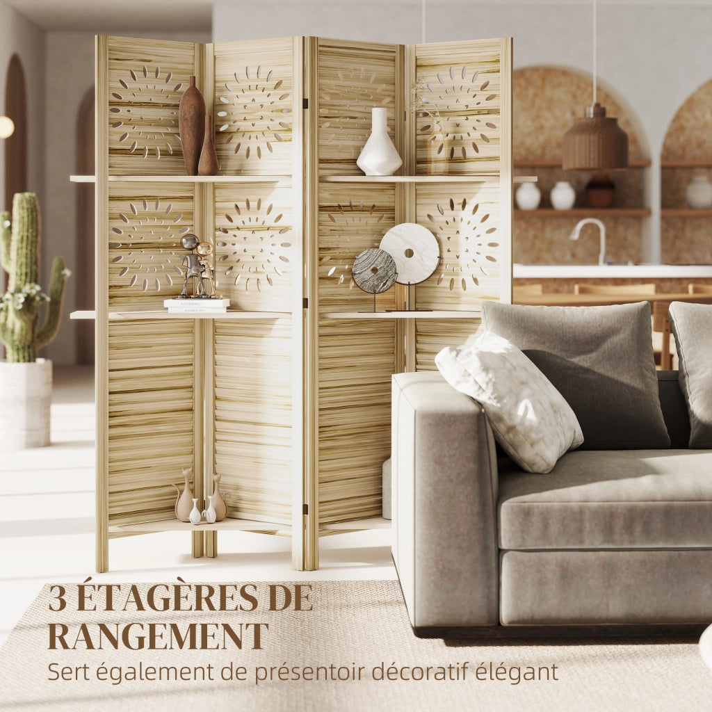 Libreria divisorio 4 pannelli con 3 ripiani ¨C zephmum ¨C legno di paulownia 160x170 cm