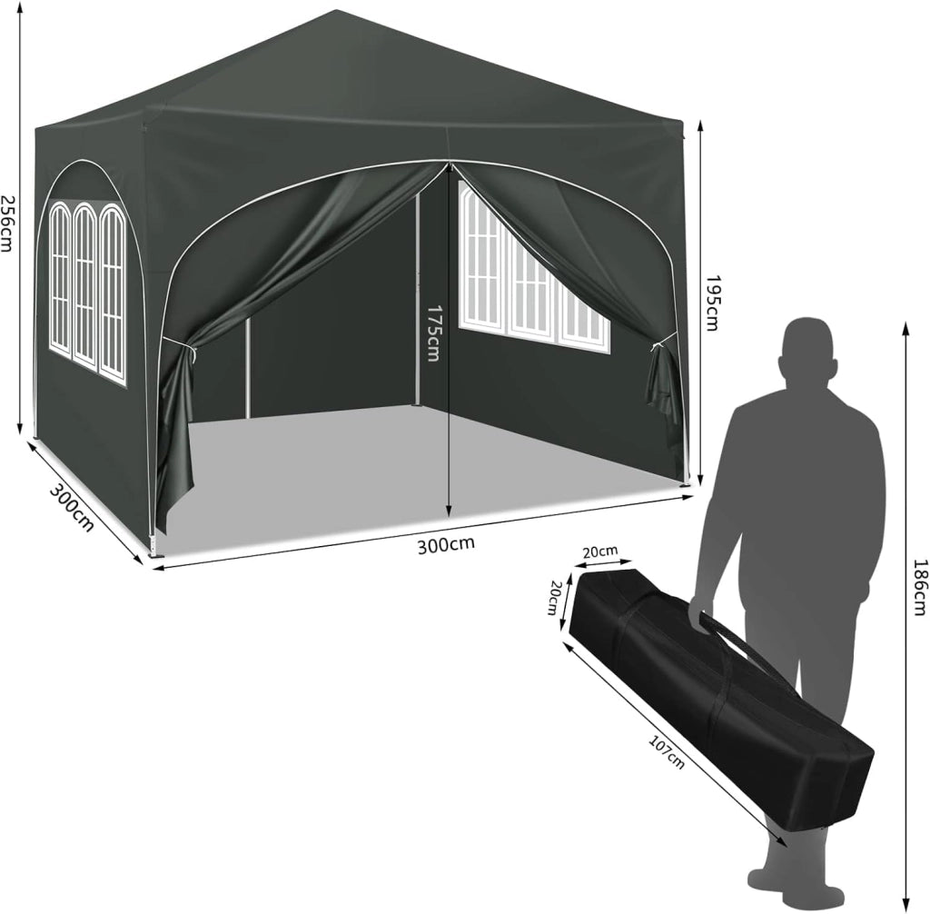 Gazebo da Giardino Richiudibile 3x3m con Pannelli Laterali,Gazebo da Esterno in Ferro Regolabile in Altezza Tendone con Soffitto Semicircolare Pieghevole,Set di 4 Sacchi di Sabbia,Grigio