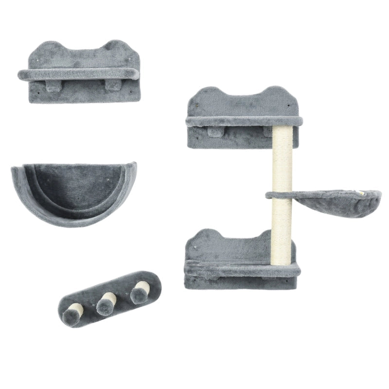 Parete arrampicata per gatti a 4 pezzi con tiragraffi, piattaforma, scala e cuccia semicircolare, grigio