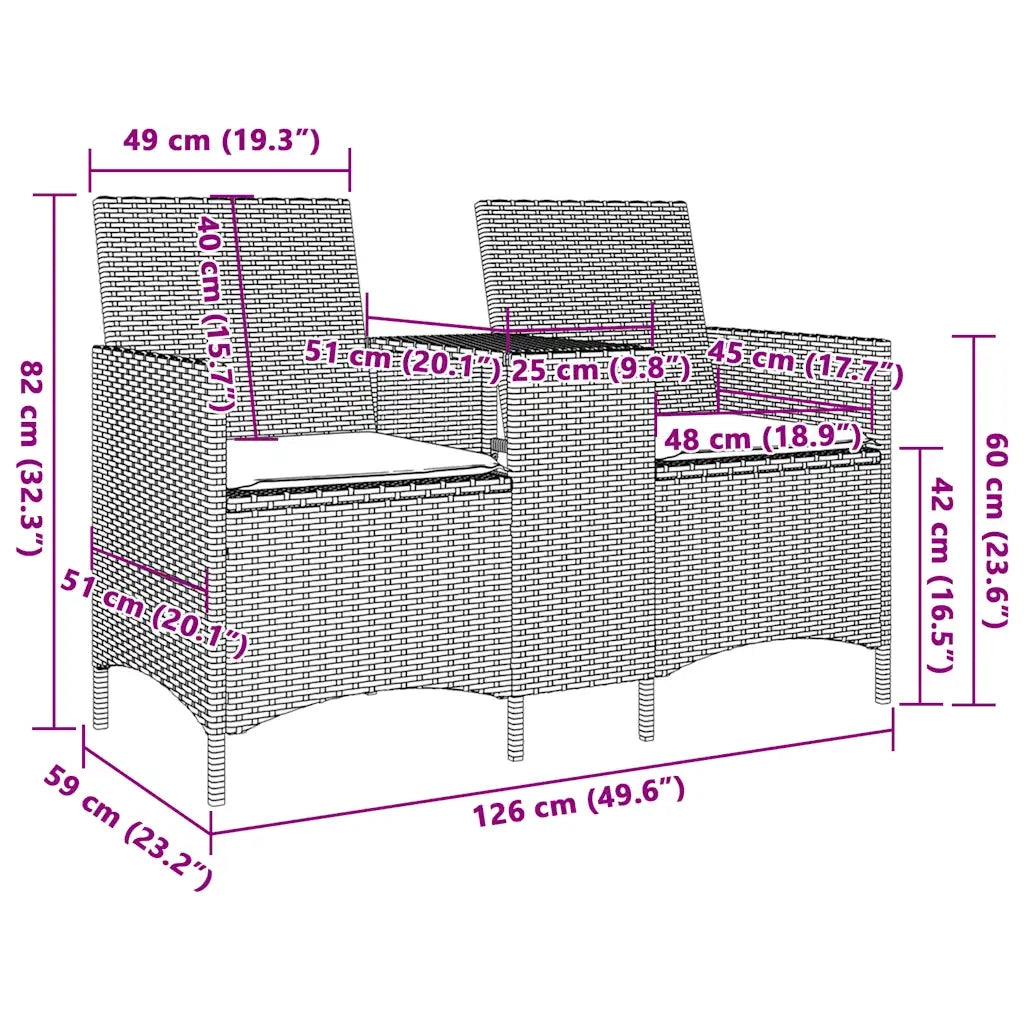 vidaXL Divano Giardino 2 Posti con Tavolo e Cuscini Beige Polyrattan