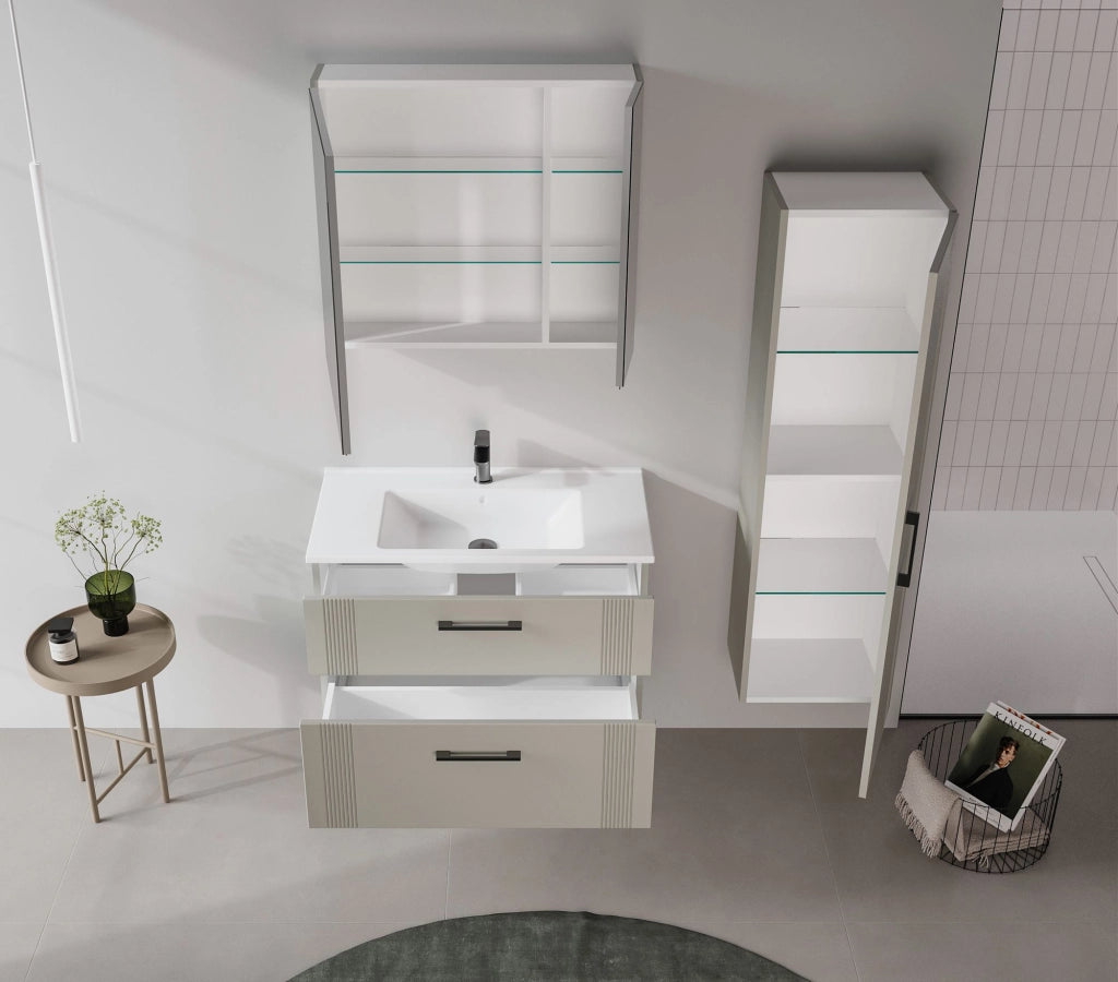 Mobile da bagno con specchio "Bari 80" - 75 x 16 x 66 cm - Cashmere opaco