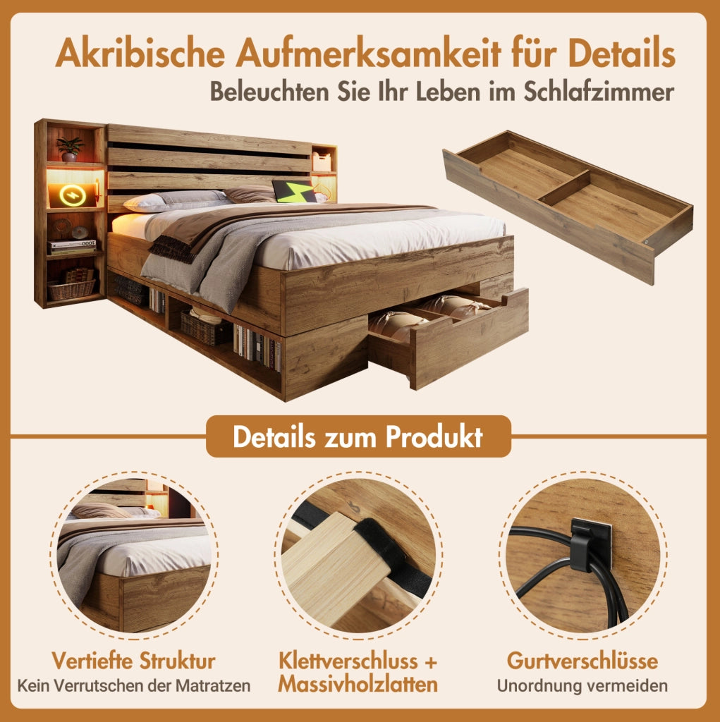 Letto matrimoniale 160 x 200 cm con LED, USB, cassetti e materasso