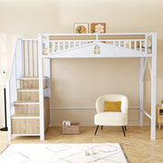 Letto a soppalco 90x200 cm con scala contenitore e finestra di sicurezza bianco