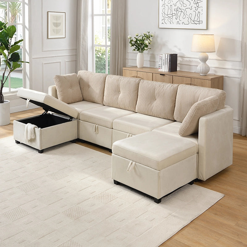 Divano panoramico modulare a U beige in velluto con contenitori e 6 cuscini in velluto a coste