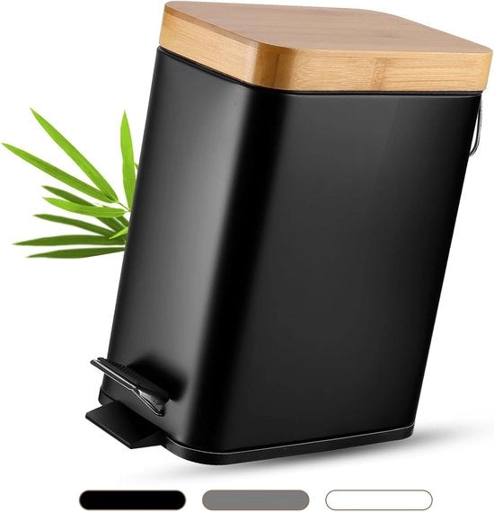 Vaso di Raccogliere Rifiuti per Bagno con Coperchio in Bamboo, Bacinella Sottile e Piccola con Meccanismo di Chiusura Soft Close e contenitore Rimovibile per Bagno, Camera da Letto, Ufficio (Nero)