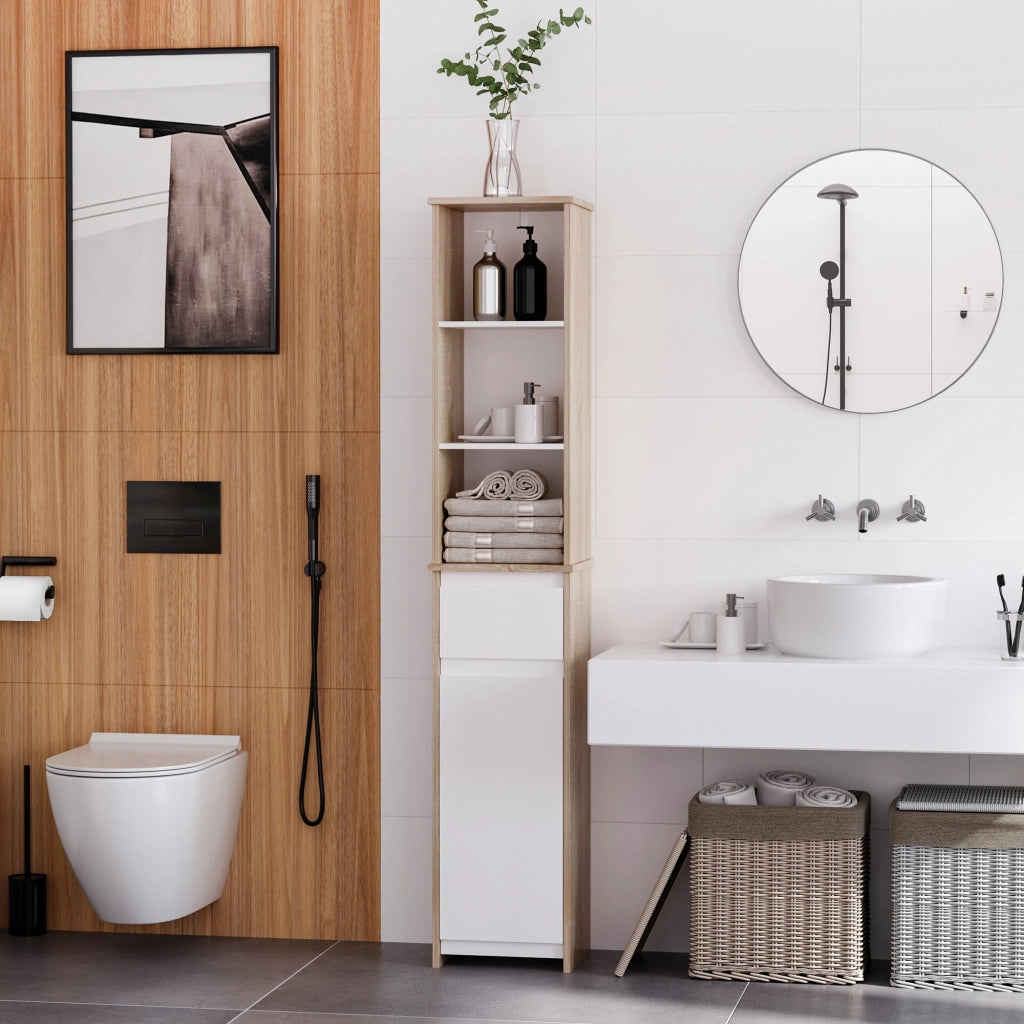 EasyComfort Scaffale Bagno Salvaspazio in Legno, Mobiletto a Colonna con Ripiani, Armadietto e Cassetto, Bianco, 32.6x30x171.2cm