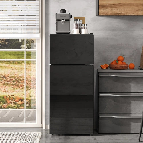 Mini frigorifero con congelatore; indipendente; volume totale 92L; congelatore da 28L; porta di vetro; illuminazione LED; basso rumore; mensole rimovibili in vetro; nero