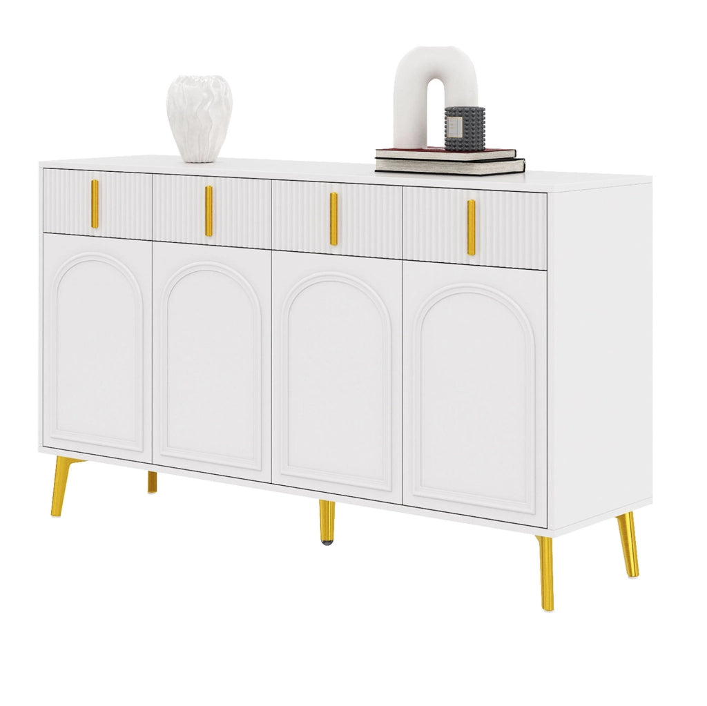 Credenza 140x38x82 cm; 4 cassetti e 4 ante; ripiani regolabili; MDF bianco con dettagli oro