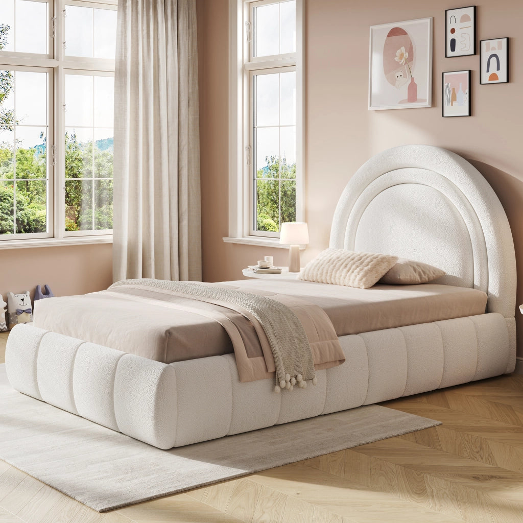 Letto Contenitore Letto Singolo 90x200 cm; Contenitore idraulico; Bouclé; Beige