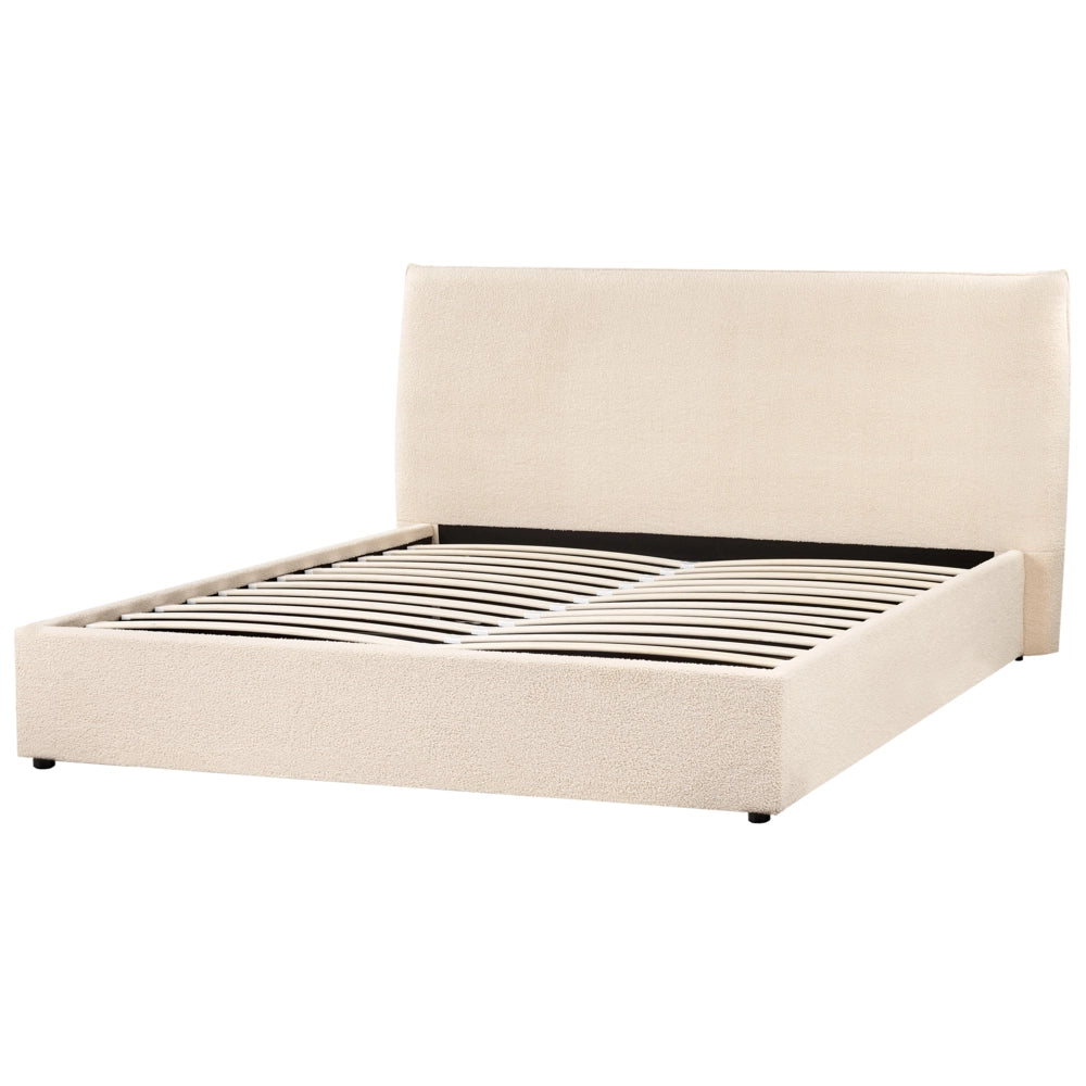 Letto matrimoniale in tessuto bouclé beige testata classica contenitore 160 x 200 cm Doghe in legno