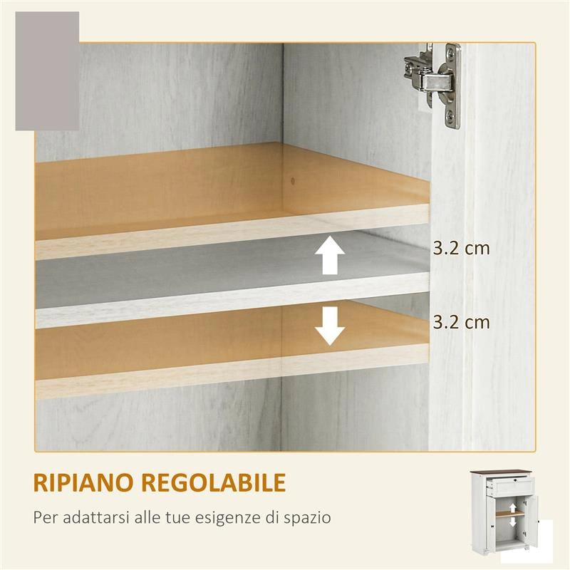 CREDENZA BASSA DA CUCINA IN STILE RUSTICO CON CASSETTO E ARMADIETTO CON RIPIANO REGOLABILE, BIANCO