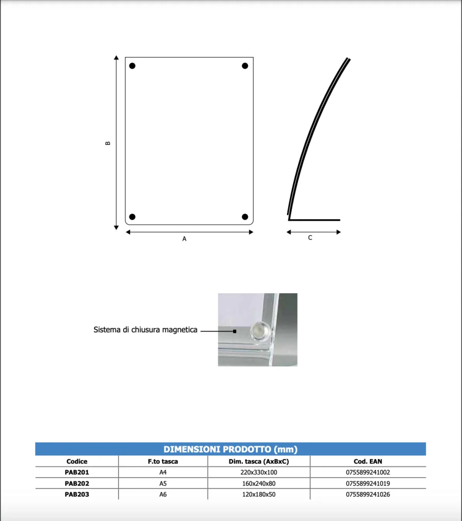 Porta avvisi da banco magnetico in Plexi profilo curvo Monofacciale - A4 Verticale