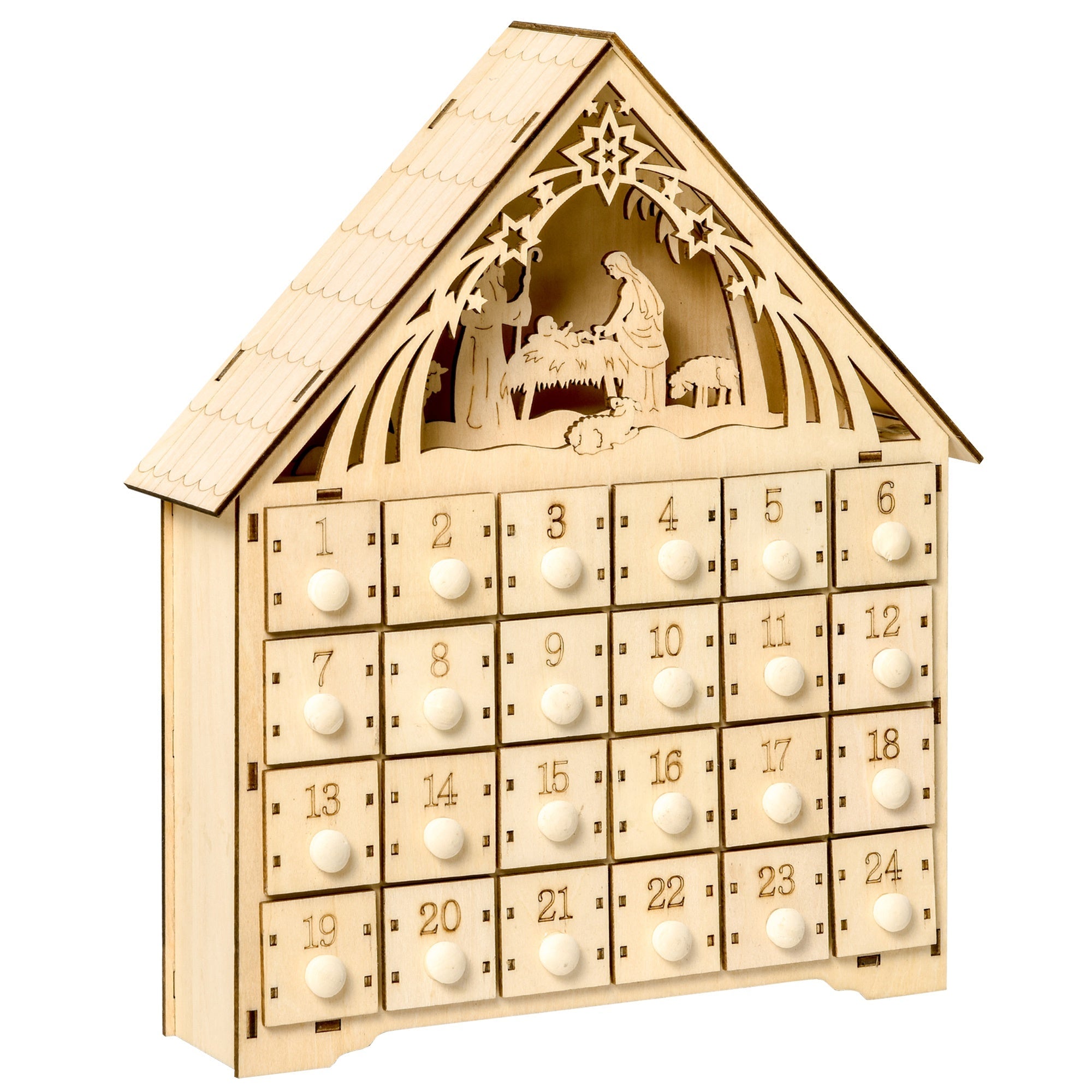 Calendario dell'Avvento  26,6x6x30 cm 24 Cassetti e Presepe Intagliato in Legno