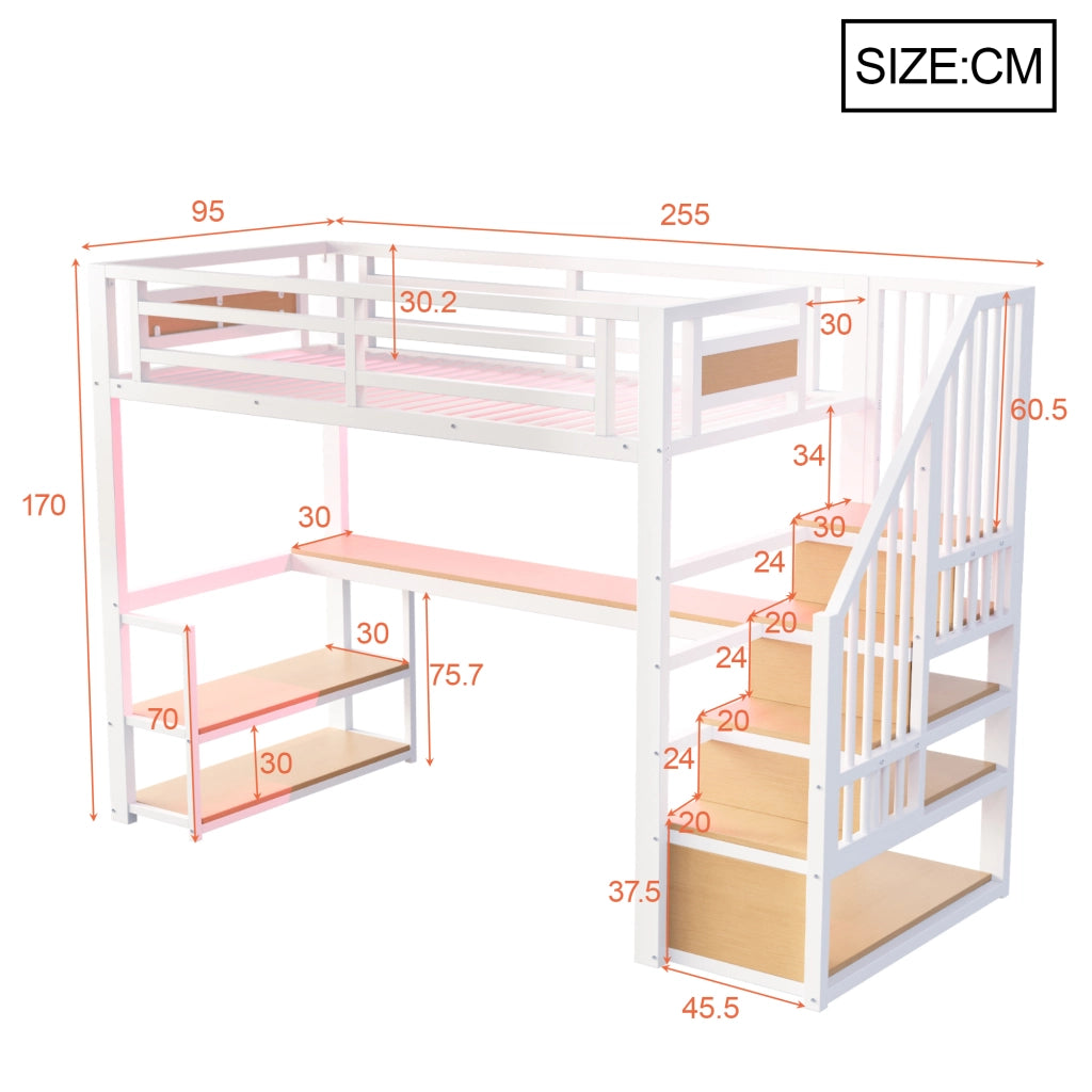 Letto a soppalco 90 × 200 cm con scala contenitore, ripiani, tavolo, barriera di sicurezza, senza materasso, bianco