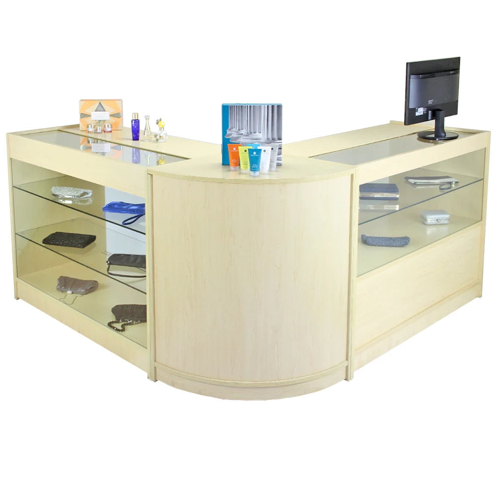 Set Solar con 3 Banconi da Negozio e Reception con Finitura in Acero Laminato