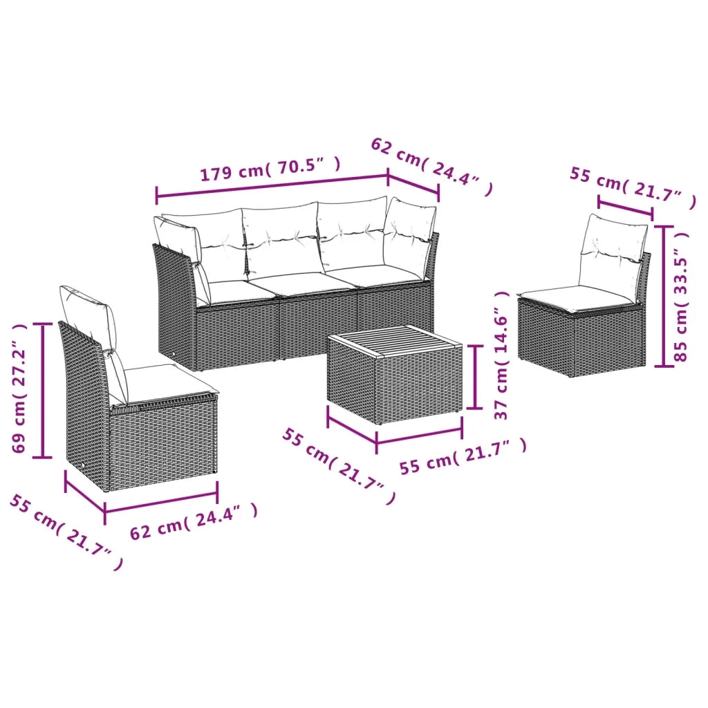 Set Divano da Giardino 6 pz con Cuscini Beige in Polyrattan