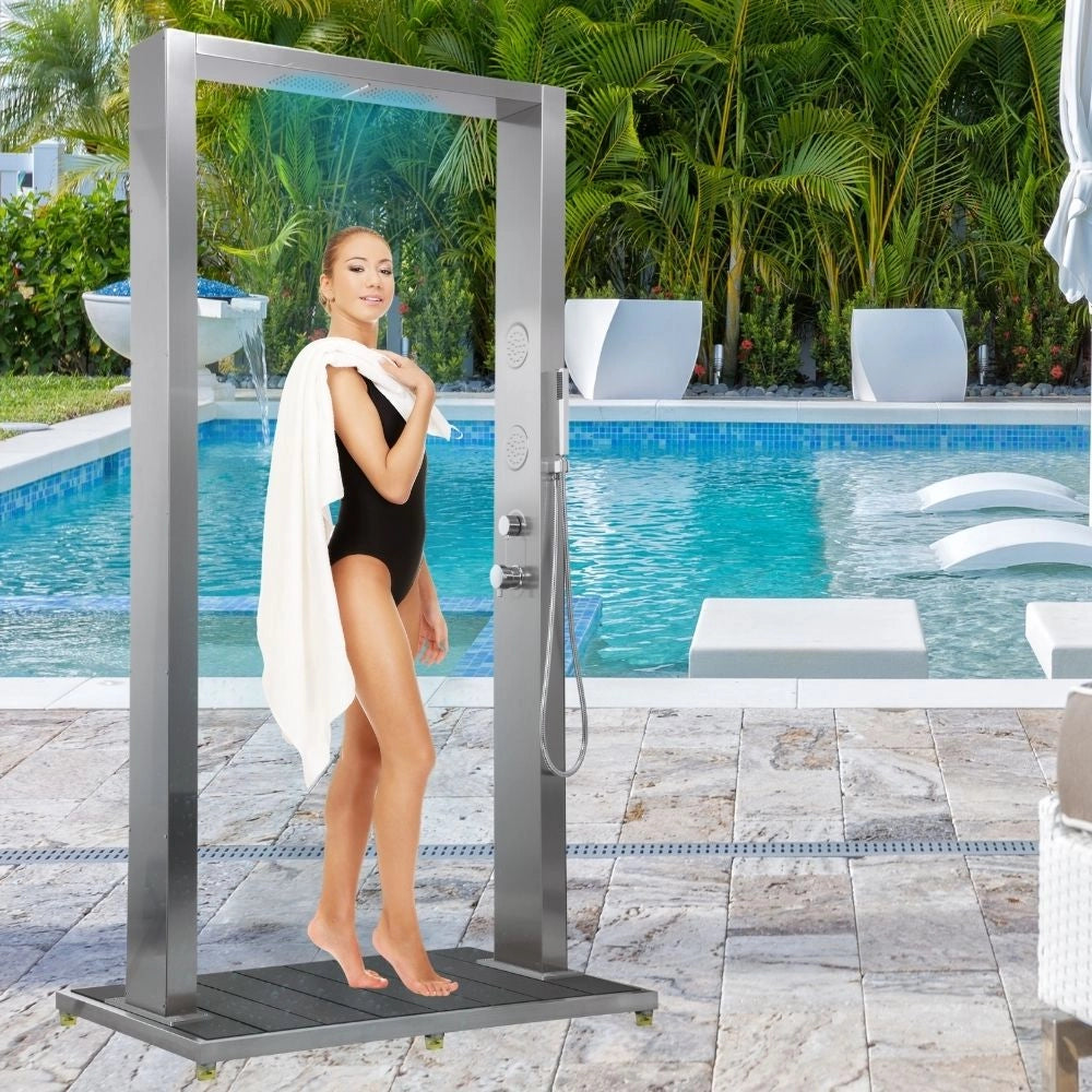 Colonna doccia da esterno doppia bamboo acciaio inox getti idro pedana wpc