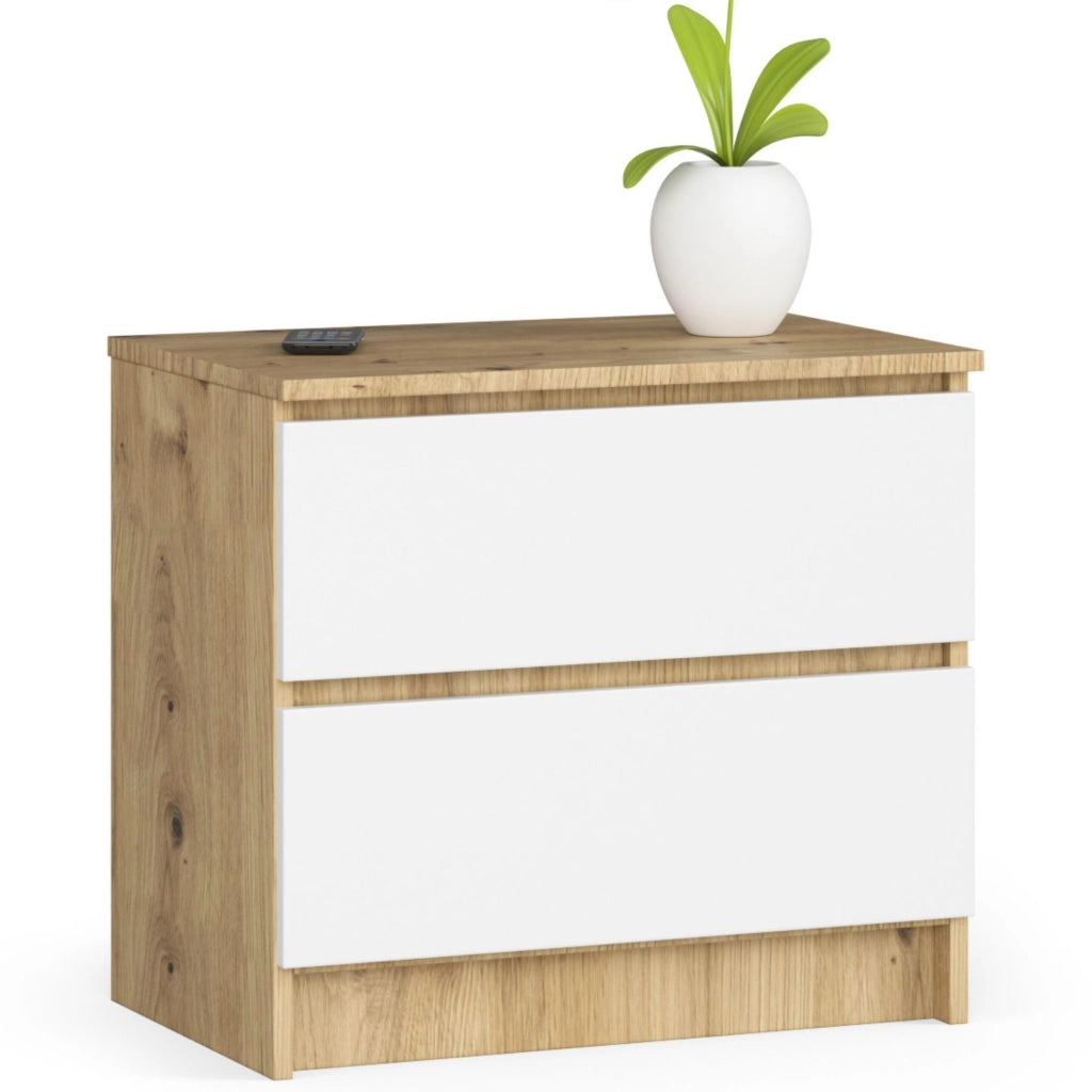 Comodino AKORD K60 Quercia Artisan 60 cm 2 cassetti inserto frontale Bianco 60x40x55 cm